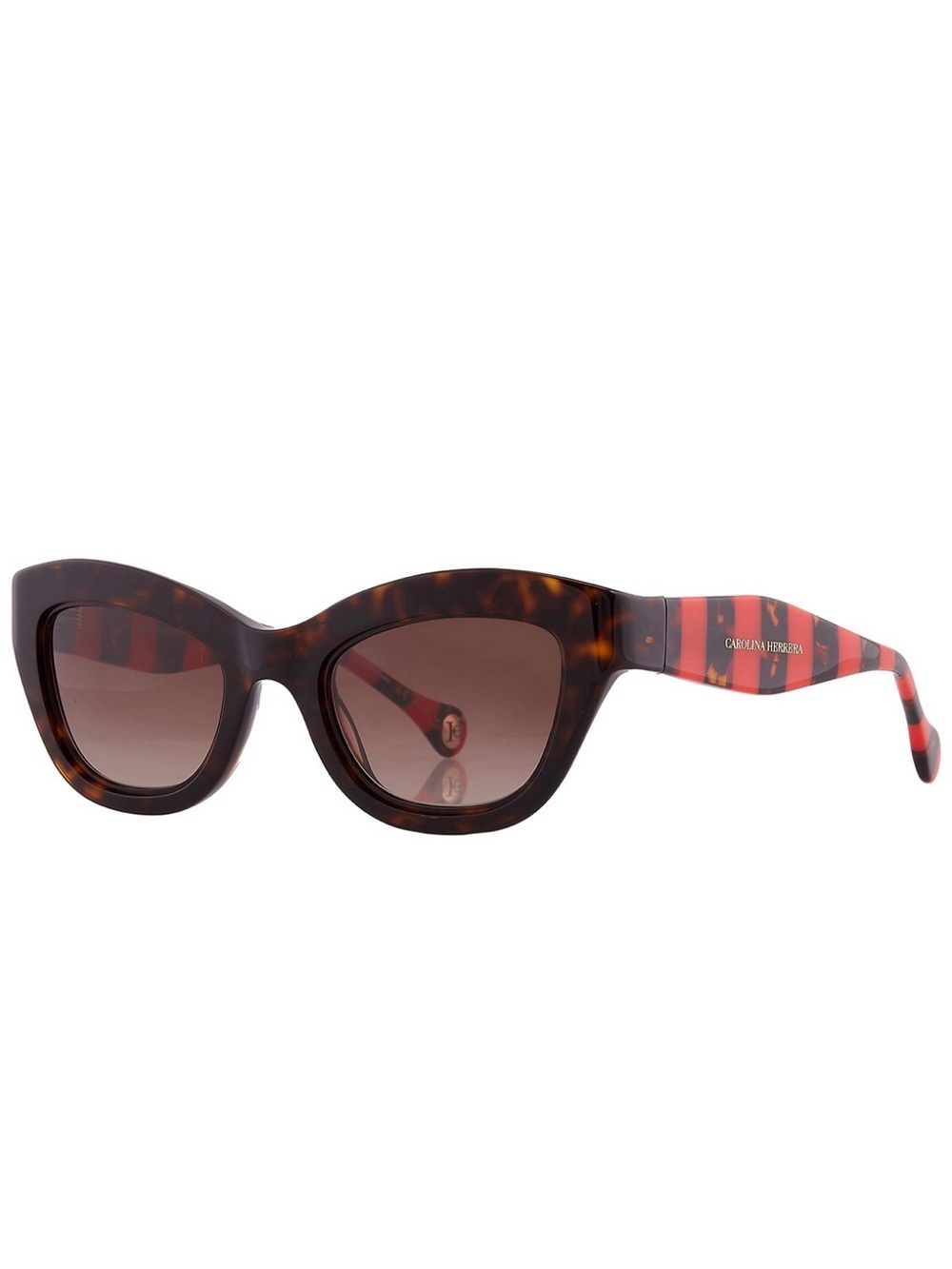 Carolina Herrera Tortoiseshell Cat Eye Sunglasses with Red-Striped Temples